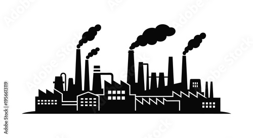 A stark black silhouette depicts an industrial complex with multiple smokestacks releasing plumes of smoke into the air silhouette high quality