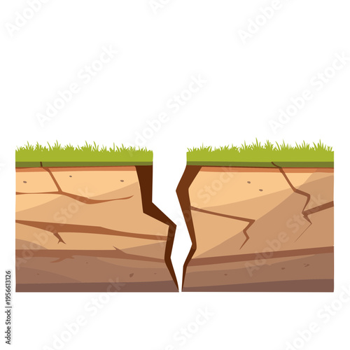 Cartoon cracked earth layer with grass on top and deep fissure splitting the ground