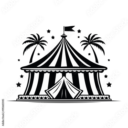 Classic striped circus tent with palm trees and stars, black and white illustration