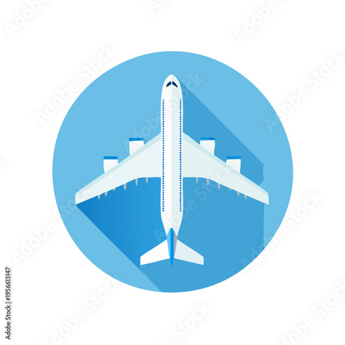 Top View of a White Passenger Jet Airplane Flying in a Blue Circle Icon