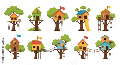 Colorful treehouses nestled amongst lush green trees a playful illustration
