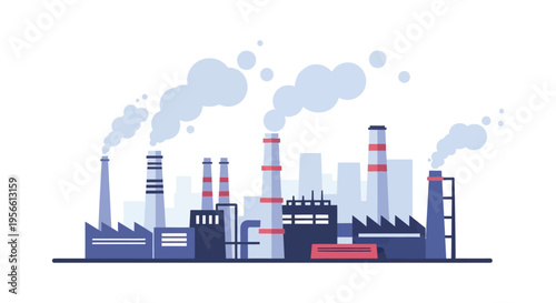 Industrial complex with multiple smokestacks emitting pollution depicted in a flat graphic silhouette high quality professional detailed modern elegant stylish clean