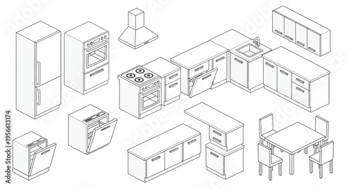 Isometric view of a modern kitchen layout with appliances and furniture