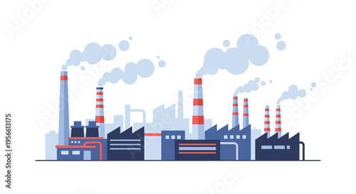 Industrial complex with smokestacks emitting pollution depicted in a flat minimalist style silhouette high quality professional detailed modern elegant stylish clean