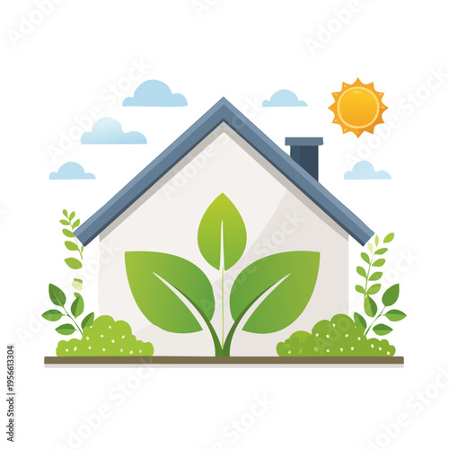 Green living concept symbol of a house with growing leaves and a bright sun