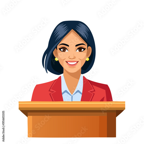 Woman in suit speaking at a podium during a presentation or speech