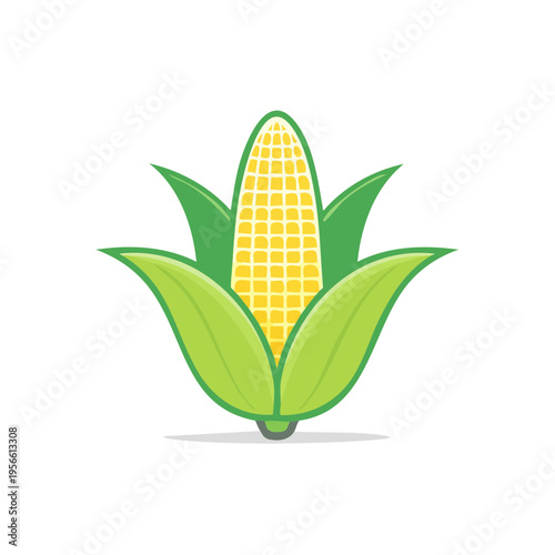 Ripe Yellow Corn Cob with Green Leaves Isolated