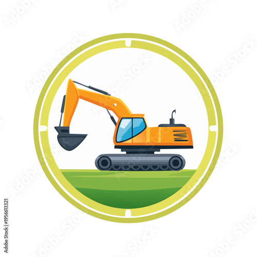 Orange Excavator Machine Working on Green Grassy Field Inside Yellow Circular Frame