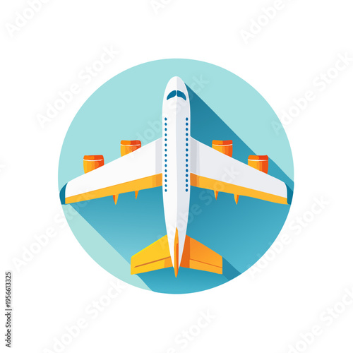 Top view of a modern white and yellow commercial airplane in a turquoise circle with long shadow