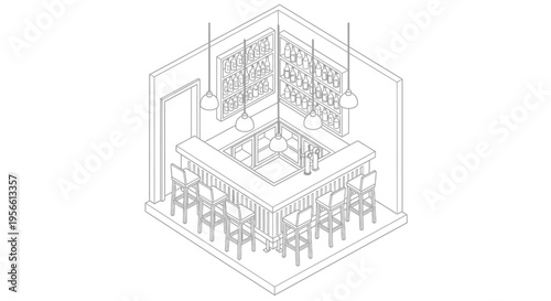 Isometric illustration of a bar interior with seating and shelving