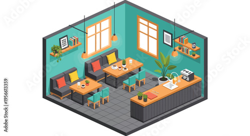 Isometric illustration of a modern cozy cafe interior with furniture