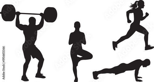 Minimal Fitness Silhouette Set – Workout Running Yoga Gym Exercise Black Vector