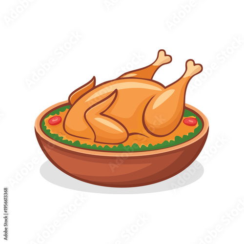 Whole roasted chicken presented in a decorative serving dish with garnishes