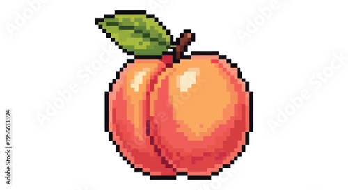 A vibrant pixel art rendering of a ripe peach with a single green leaf displaying a distinct silhouette high quality professional