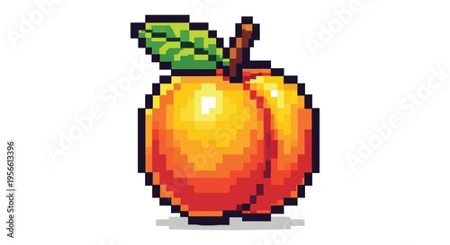 A vibrant pixel art rendering of a ripe round apple with a leafy stem presented as a silhouette high quality professional