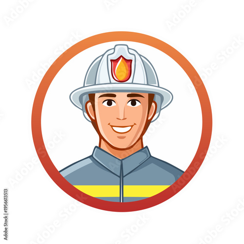 Smiling Male Firefighter Character Portrait in Protective Gear and Helmet with Flame Emblem