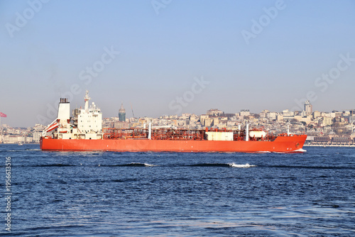Large Red Oil Tanker Sailing in Bosphorus