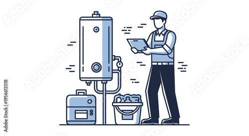 A technician inspects a water heater with tools nearby rendered in a clean minimalist silhouette high quality professional detailed modern elegant