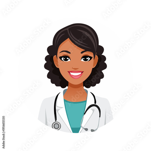 Professional female doctor illustration with stethoscope and white coat in circular frame