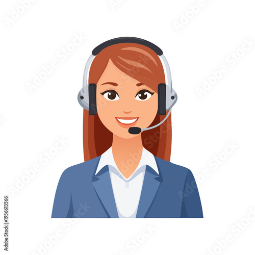 Friendly female customer service operator with headset and microphone smiling