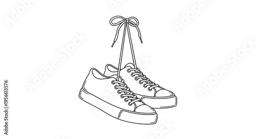 A pair of sneakers with untied laces depicted in a simple line drawing