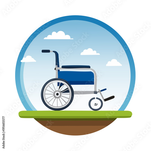Blue Wheelchair on a Grassy Knoll Under a Cloudy Sky