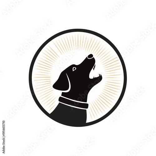 Silhouette of a dog howling within a sunburst circle emblem