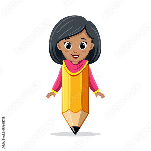 Cartoon girl with pencil body and pink shirt, smiling brightly.