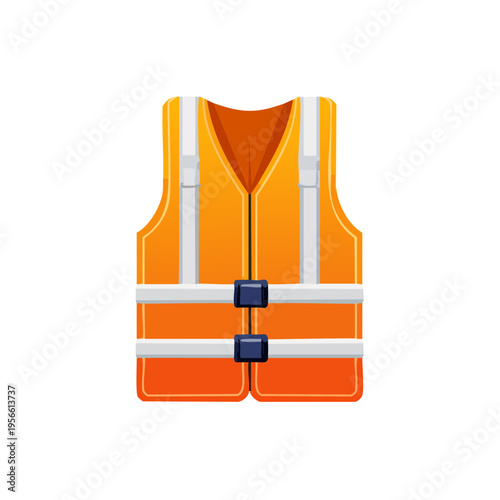 Bright orange safety vest with reflective stripes and dark buckles isolated on a light blue background