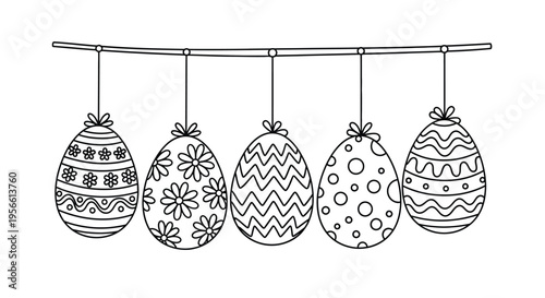 Five decorated easter eggs hanging from a simple line illustration
