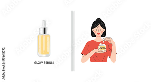 Woman applying glow serum in minimalist flat lay style with soft natural lighting for skincare advertising