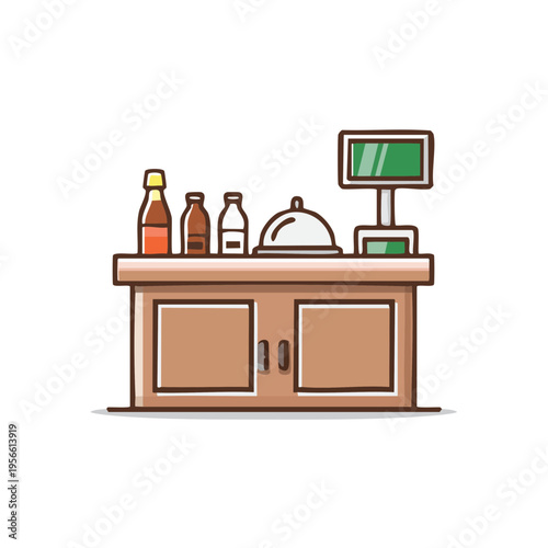 Counter with bottles, cloche, and cash register, illustration