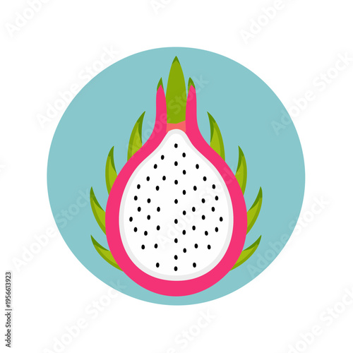 Vibrant Dragon Fruit Half Slice with Green Leaves on Blue Circle