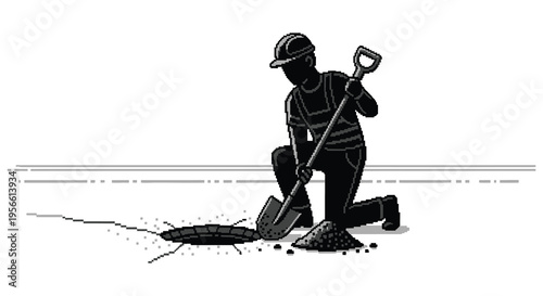 A construction worker digs near a manhole creating a crack in the ground presented as a striking silhouette high quality professional