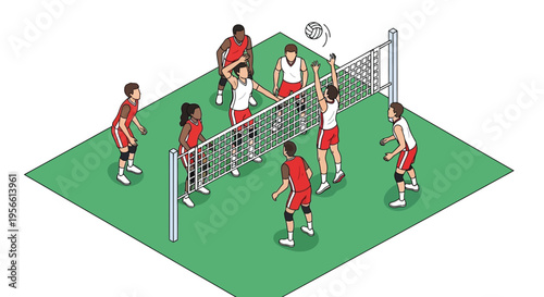 Volleyball players in action during a competitive game on the court