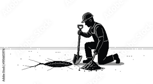 A lone worker kneels digging with a shovel near a manhole presented as a striking silhouette high quality professional detailed modern