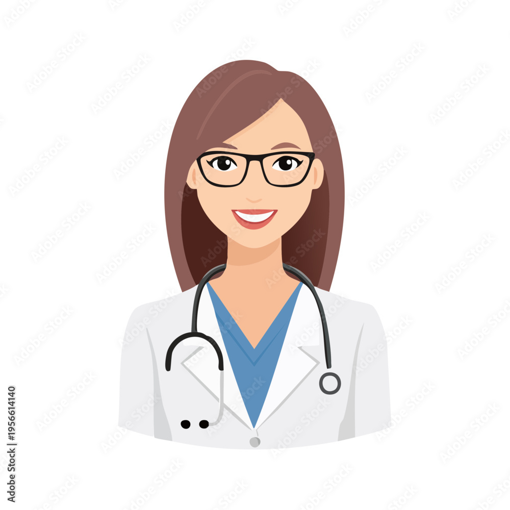 Fototapeta premium Smiling female doctor wearing glasses and lab coat with stethoscope around neck