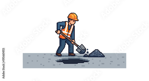 A pixel art depiction of a construction worker using a shovel on a road repair site showcasing a clean silhouette
