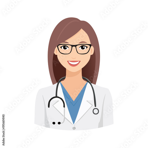 Smiling female doctor wearing glasses and lab coat with stethoscope around neck