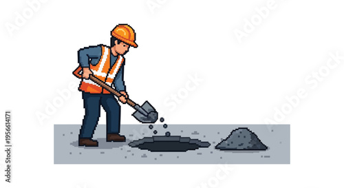 A pixelated image depicts a construction worker digging with a shovel near a pothole showcasing a distinct silhouette high quality professional
