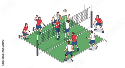 Volleyball players in action during a competitive game on a court