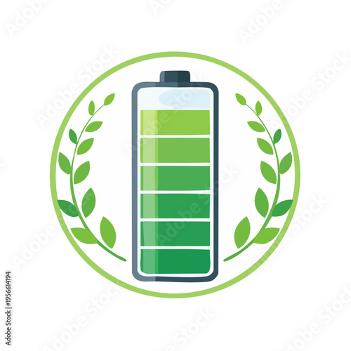 Eco friendly battery symbol with green leaves and charge indicator