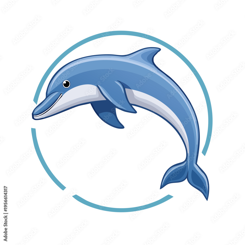 Obraz premium Cartoon jumping dolphin in abstract blue circle symbol illustration