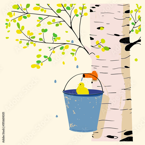 Spring Birch Sap Collection Scene