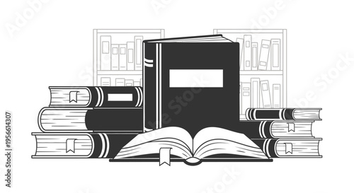 A stack of books with an open book in front against bookshelves