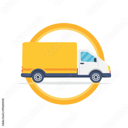 Yellow box truck with graphic circle accent, illustrating transport and logistics