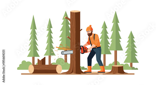 A lumberjack actively cuts down a tree with a chainsaw amid a forest scene presented as a silhouette high quality professional