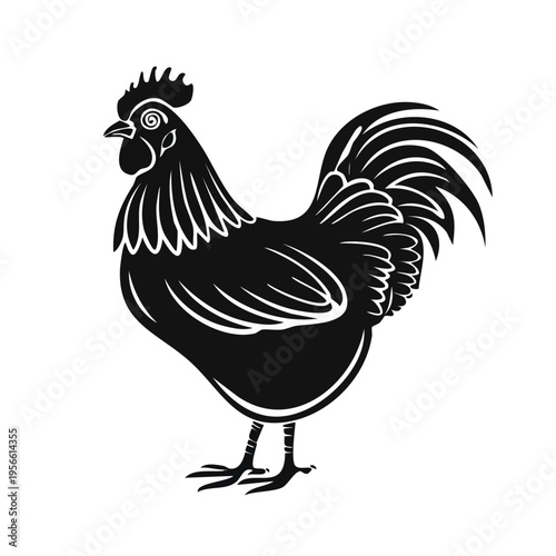 Stylized black rooster silhouette with elegant tail feathers against a white background