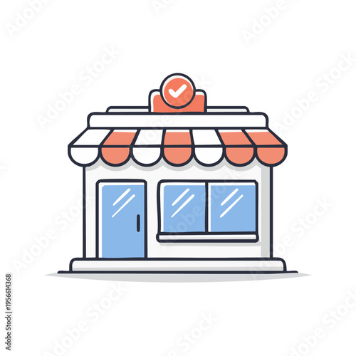 Charming stylized storefront with awning and checkmark above signifying approval or completion