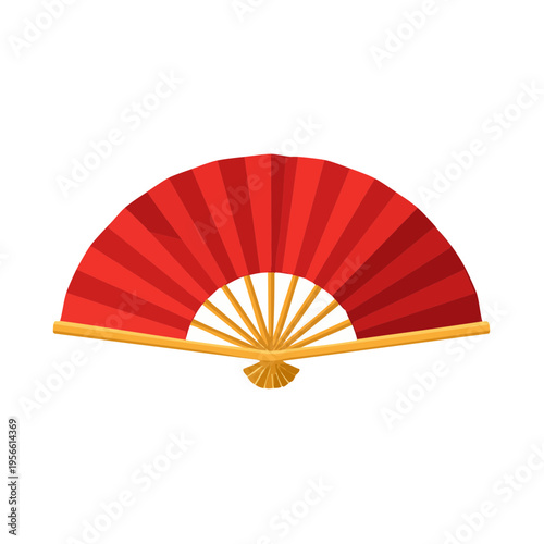 Vibrant Red Traditional Folding Fan with Golden Handle
